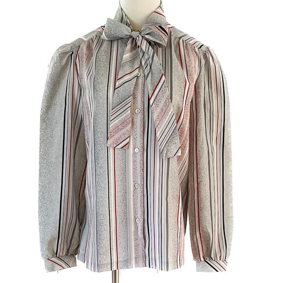 Vintage Devon striped neck bow secretary blouse red gray white size large L - Picture 1 of 9